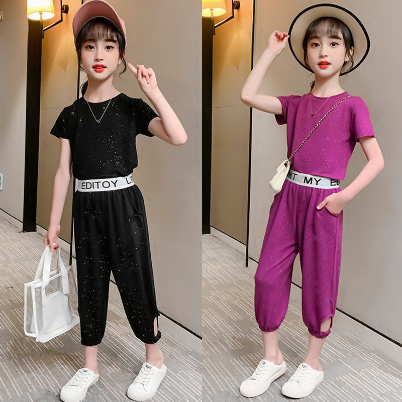 Korean girls' suits fried street children's clothing women's summer 2021 new fashion personality trend highlights sparkling two-piece suit - Taobao