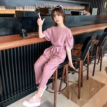 Korean girl pink short sleeve set 2021 new Zhongda childrens summer wear Korean version girls thin breathable two-piece