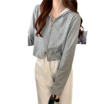 Retro gray cardigan long-sleeved hooded sweatshirt for women spring and autumn niche design slim slim zipper top jacket