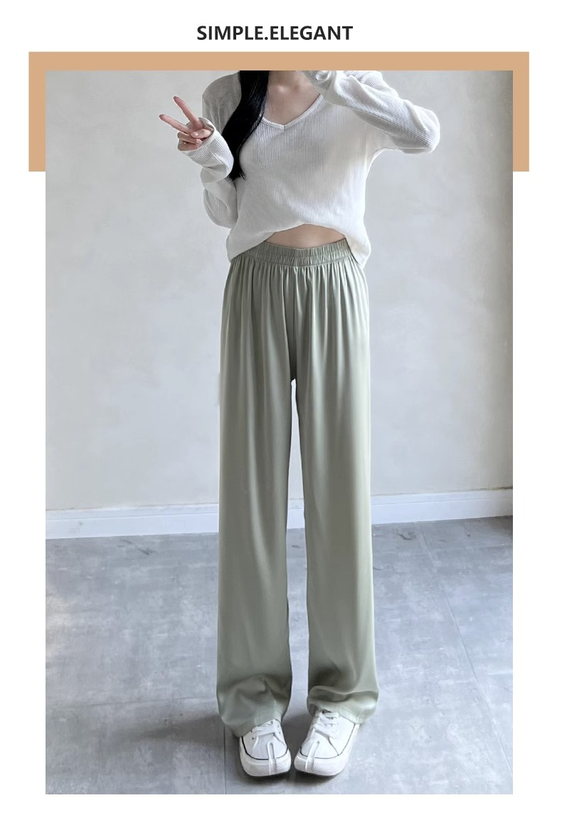 Pantalon large bleu acide acétique pour femme, pantalon ample décontracté, taille haute, en satin et soie glacée, printemps et automne_voghion.com