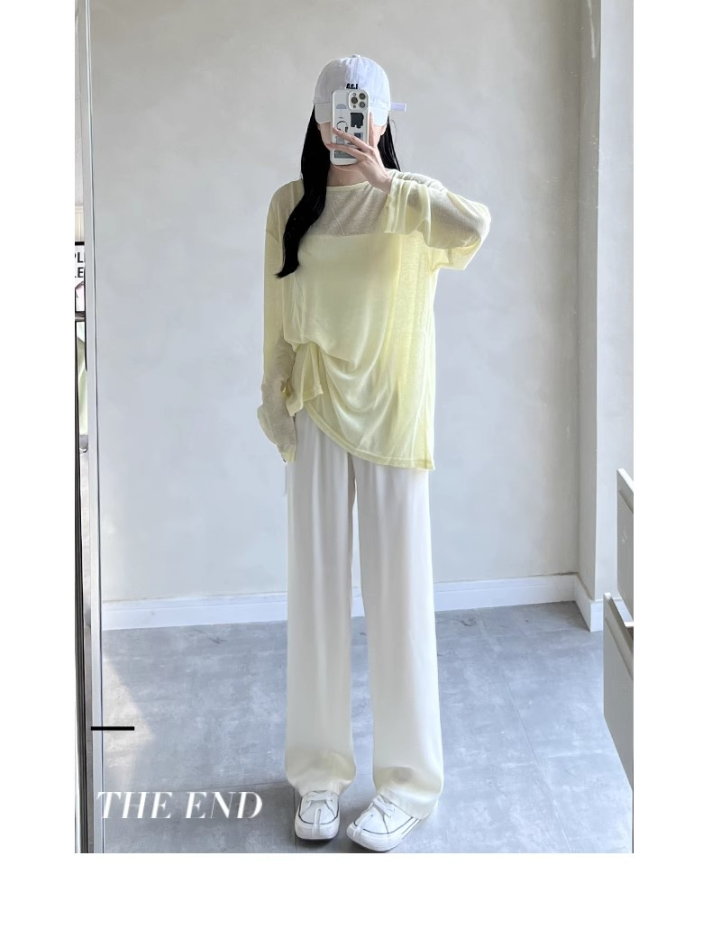 Pantalon large bleu acide acétique pour femme, pantalon ample décontracté, taille haute, en satin et soie glacée, printemps et automne_voghion.com