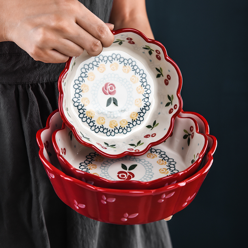 Elegant Ceramic Cherry Hand-painted Small Rice Bowl Fruit Sweet Pastry Baking Bowl Cute Retro Lace Snacks Salad Bowl