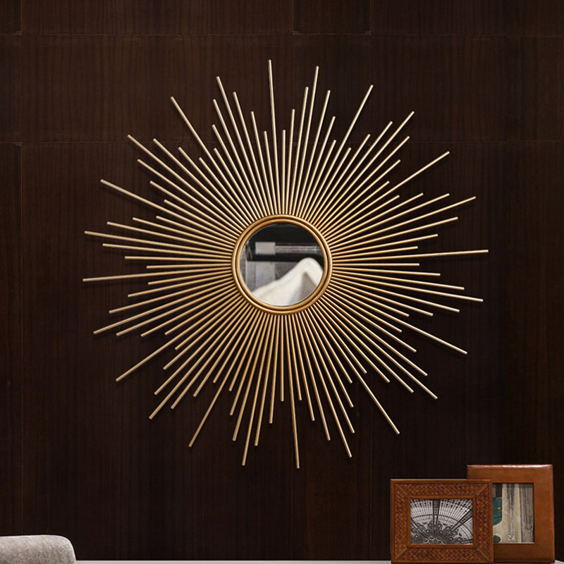 American wall hanging art background wall mirror porch fireplace decoration wrought iron metal frame round golden sunglasses