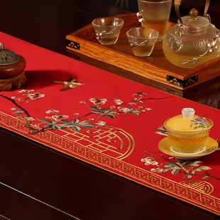 结婚用品红色桌旗喜庆中式刺绣婚庆桌旗喜字茶几布中国风床旗定制