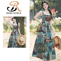 BEBE NOBLE French temperament oil painting style suspender dress womens summer seaside vacation beach suspender dress