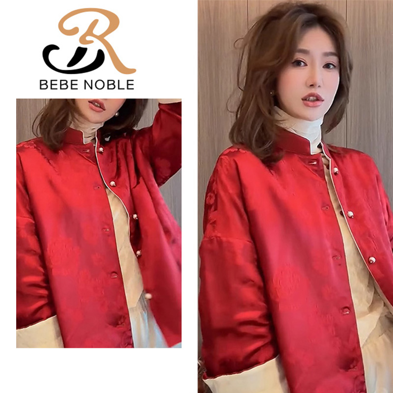 BEBE NOBLE New Chinese style disc buckle jacket cotton red jacket Women's autumn Winter high-end Chinese New Year Tang Costume Zen blouses-Taobao