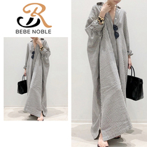 BEBE NOBLE Japanese long-sleeved striped cotton and linen shirt dress for women early autumn loose large size over-the-knee dress