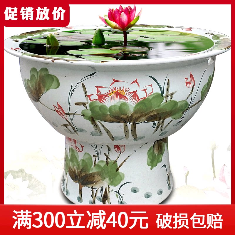 New Pint Hand Painted Lotus Column Large Fish Tank Jingdezhen ceramic Large Water Cylinder Column Basin cylinder Painting And Calligraphy Cylinder Green Flower Porcelain