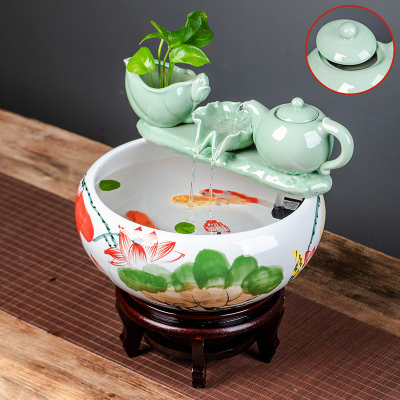 Jingdezhen Ceramic Fish Tank Flowing Water Fountain Home Small Gold Fish Tank Large Size Fish Basin Living-room Garning-wet Decoration Building