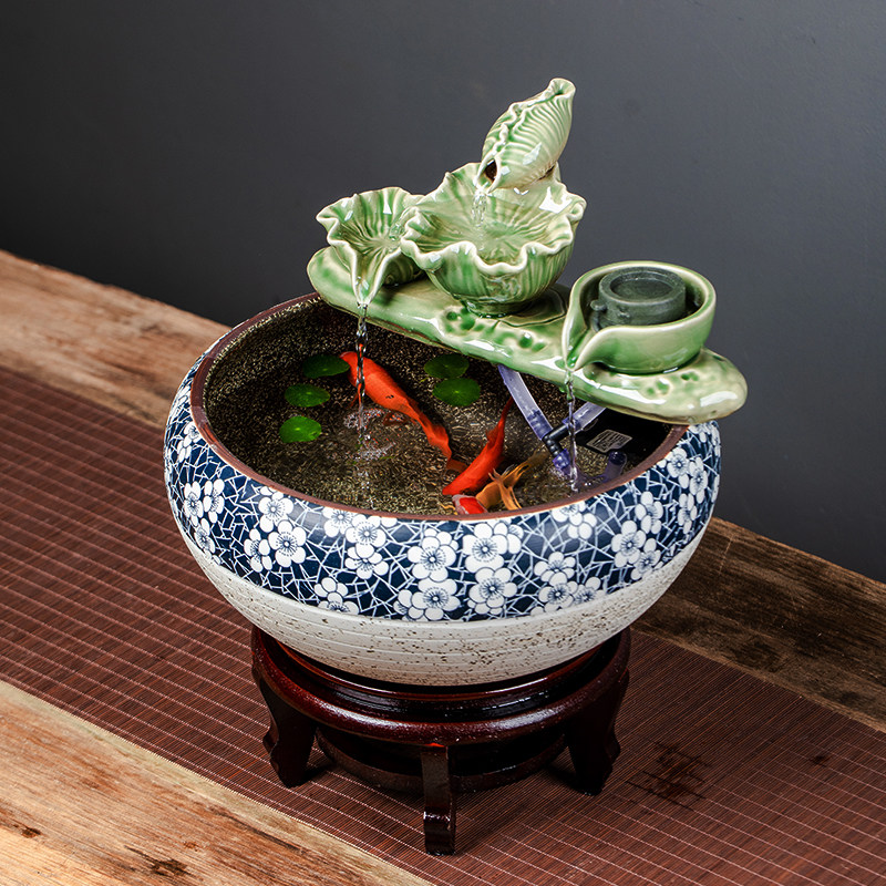 Jingdezhen Ceramic Flowing Water Swing office Desktop Fountain Living Room Wind Water Wheels Trick spray Small goldfish