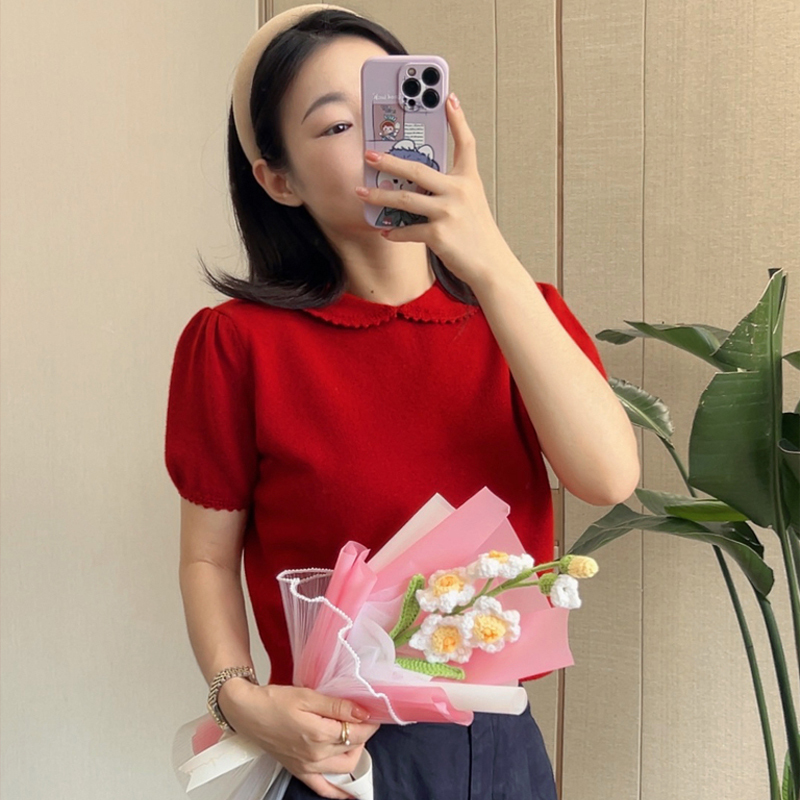 Weiyi Cashmere 7-Needle Consinee Pure Cashmere Retro Doll Collar Short-Sleeved T-Shirt Autumn and Winter Knitwear for Women V100 Weiyi Cashmere 7-Needle Consinee Pure Cashmere Retro Doll Collar Short-Sleeved T-Shirt Autumn and Winter Knitwear for Women V100