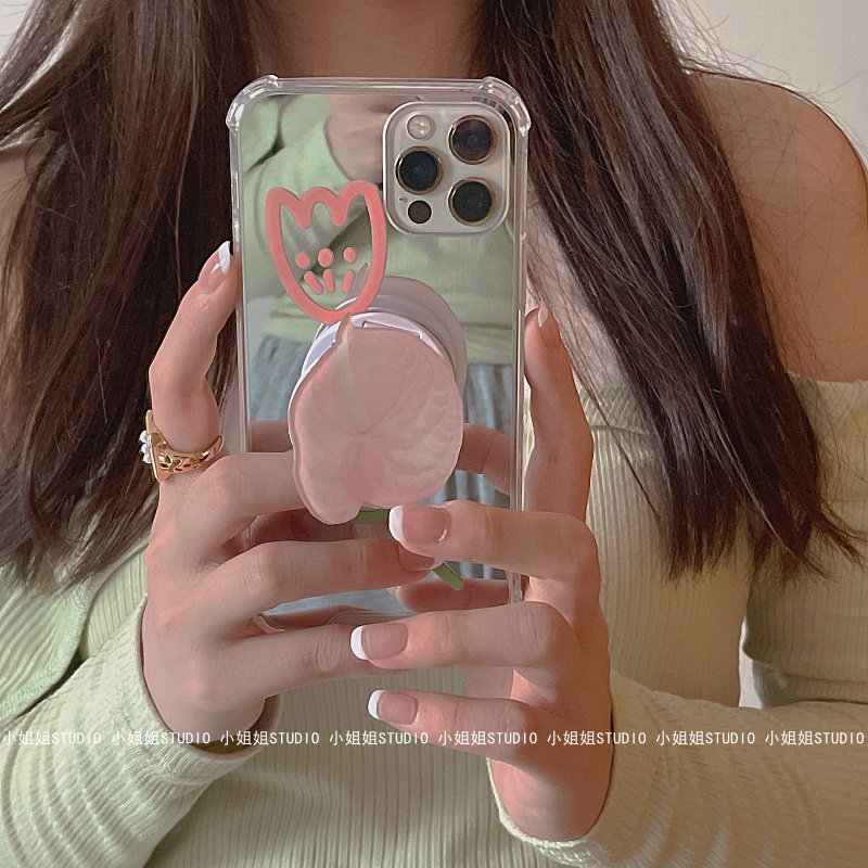 ins tulip powder pistil bracket suitable for Apple 12promax mobile phone protective shell iPhone11 mirror x xr set