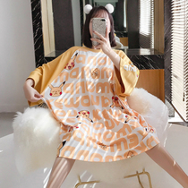 Fat MM plus size womens 200 jin short-sleeved pajamas womens summer loose cotton cartoon pregnant womens nightdress women can wear outside