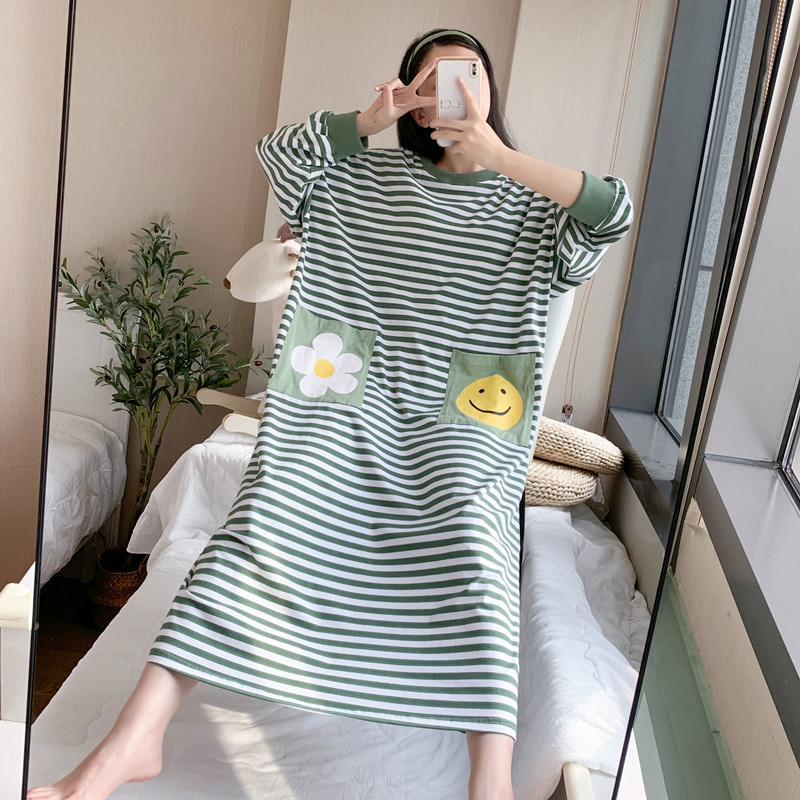 Striped nightdress women's spring and autumn long-sleeved cotton cute home clothes loose plus fertilizer plus size long version pregnant women's pajamas