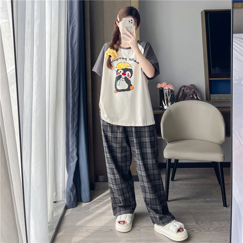 Spring and Summer Cartoon Cute Short-Sleeved Long Pants Pure Cotton Plus Size Pajamas for Women 100kg Loose Home Wear Two-Piece Set
