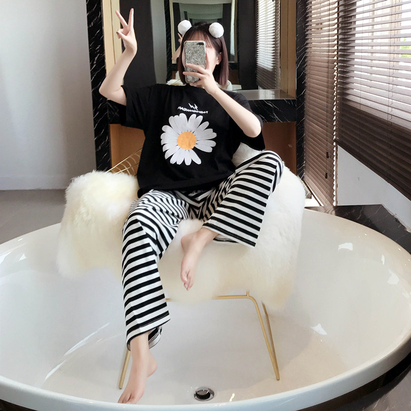 Fat sister cotton daisy pajamas women's summer 220 jins season short-sleeved trousers suit loose plus size wide-leg pants