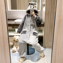 Large size one-piece pajamas womens 200 catties autumn and winter coral fleece plus fertilizer loose flannel cartoon fat MM home clothes