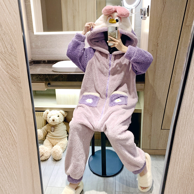 Coral velvet one-piece pajamas female 220 catties loose plus size thickening autumn and winter fat MM cute hooded home service
