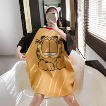 Plus size plus size women 200 pounds short-sleeved fat mm summer pajamas loose cotton cartoon pregnant women nightgown can be worn outside