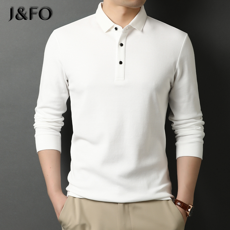 Spring and Autumn White Pure Cotton Long-Sleeve T-Shirt for Men with a Collar, Business Casual Trendy Base Polo Shirt, All-Cotton Fit