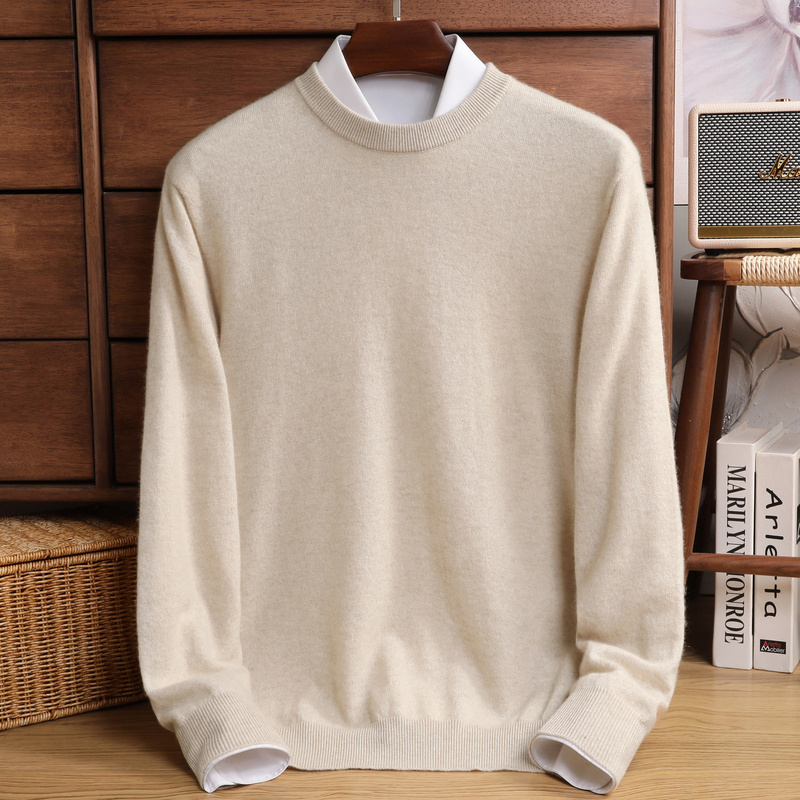 高端纯山羊绒毛衣男士纯色套头保暖圆领打底针织衫基础款内搭男装