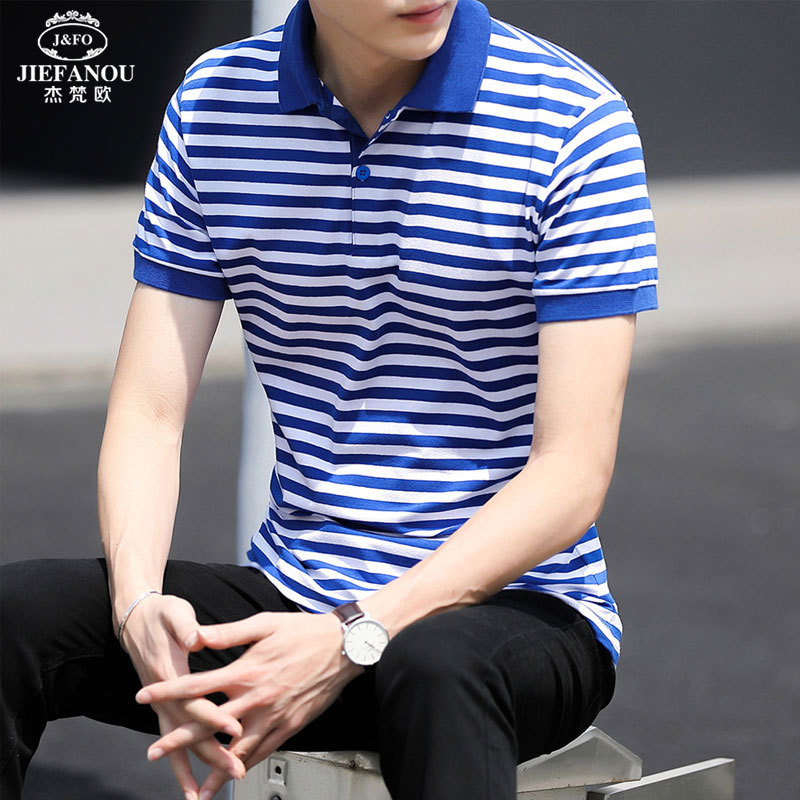 Summer Couple Outfits Half-Sleeve Navy Striped Short-Sleeve T-Shirt Men's Slim-Fit Lapel Pure Cotton Long-Sleeve Crew Neck Sailor Shirt