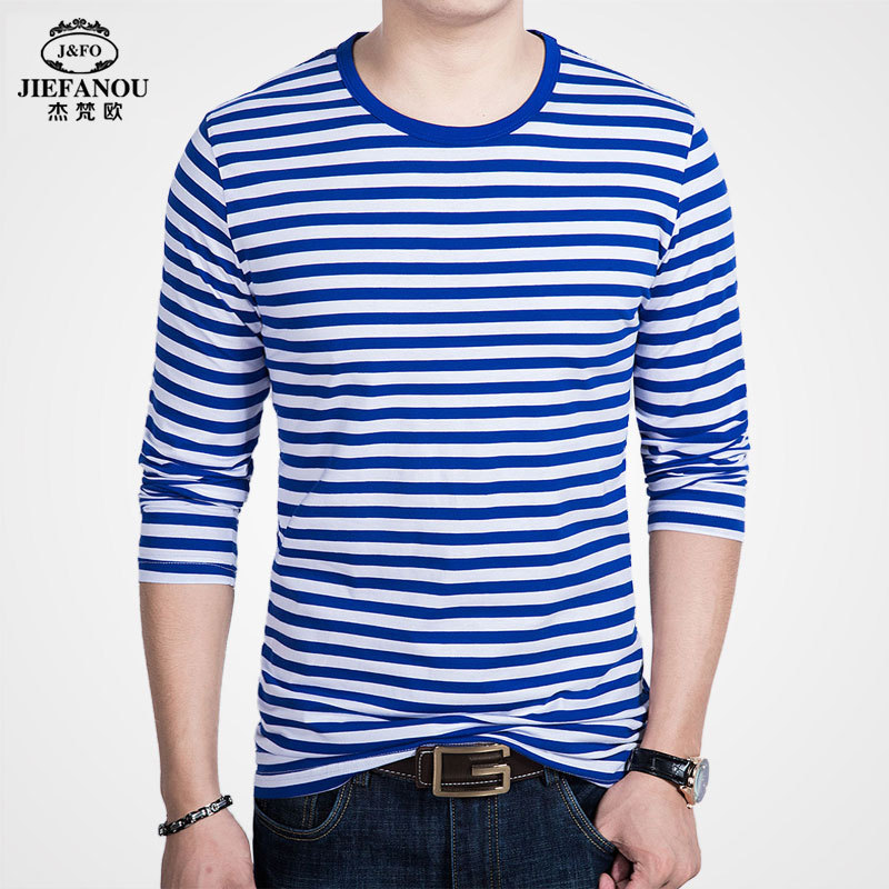Round-Neck Nautical Shirt for Men, Pure Cotton Blue and White Striped T-Shirt, Navy Style, Large Size, Long-Sleeved Men's Top, Trendy