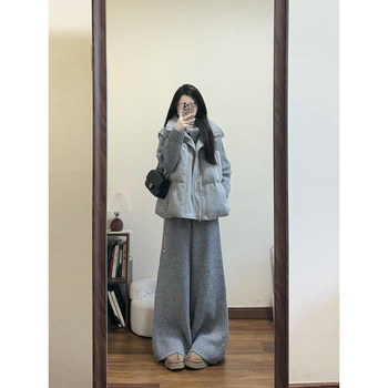 Women's cotton coat + turtleneck cardigan sweater + knitted pants