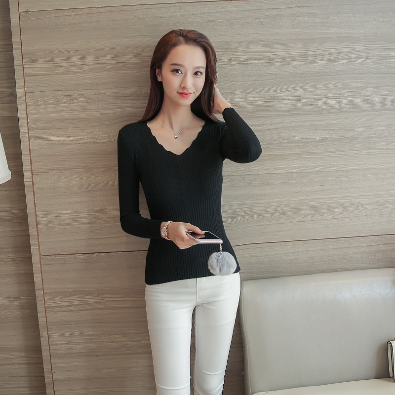 Mùa thu đông mới V-cổ co giãn áo thun dệt kim slim slim Slim dài tay siêu cháy áo len nữ áo khoác cardigan nữ