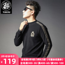 Yukou long-sleeved T-shirt mens autumn and Winter slim semi-high collar webbing stitching embroidery Tide brand mens velvet base shirt