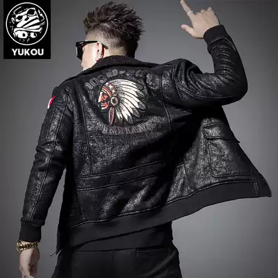 Yukou men's leather clothing plus velvet thickening trend handsome fur one-piece Parker clothing jacket embroidered leather jacket men's trend