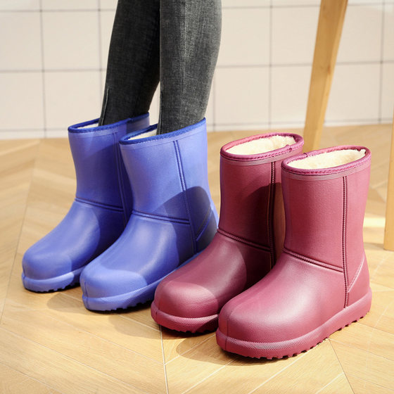 Winter velvet rain boots for women, warm mid-tube cotton rain boots, thick overshoes, non-slip cotton water boots, waterproof rubber shoes, water shoes