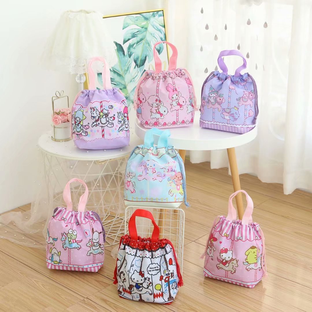 Cute cartoon carousel Merlotti lunch box bag drawstring handbag bento bag handbag to work