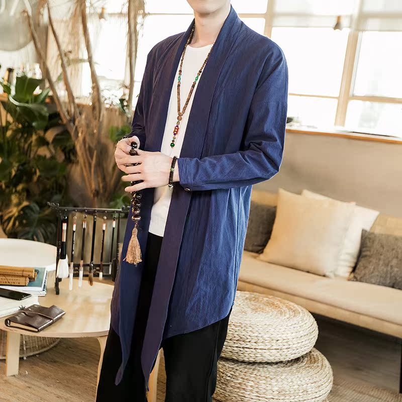 cáp treo cardigan Tang chiếc váy của nam giới Trung Quốc man gió xu hướng quần áo thương hiệu retro gió quốc gia rắn màu trong mũi chiếc áo khoác dài.