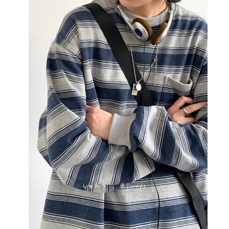 Japanese Retro Distressed Long-Sleeve Sailor Shirt for Men and Women, Spring and Autumn Couple's Round-Neck Base Shirt, Striped Workwear Sweatshirt, Trendy