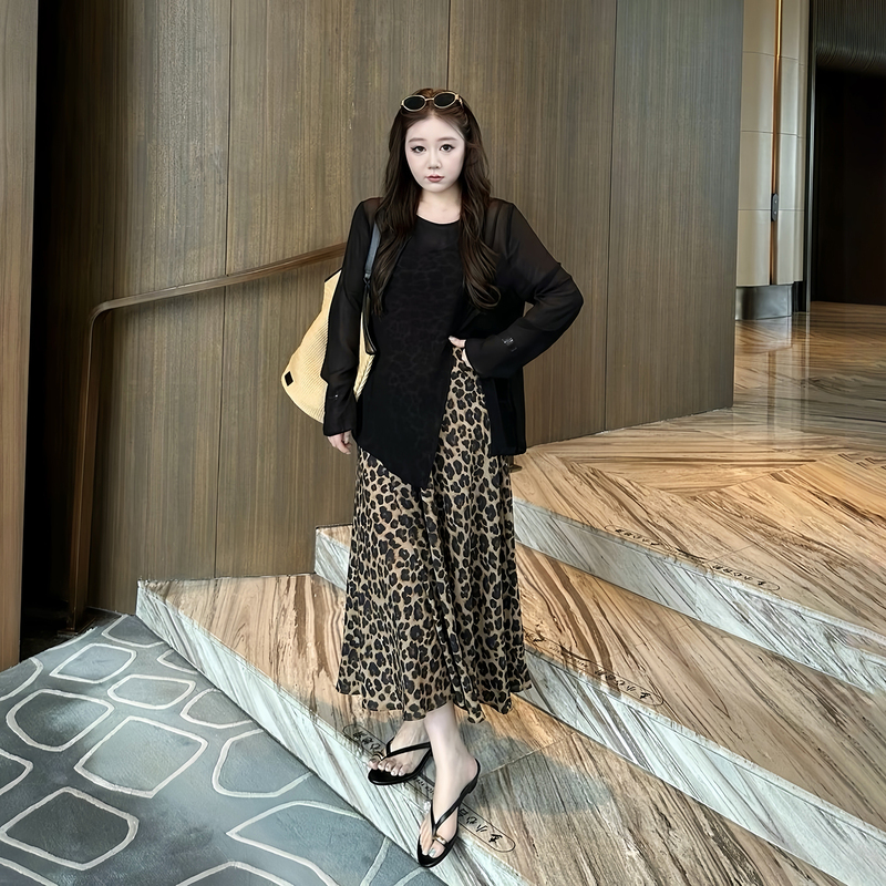 Plus Size Women's Clothing, Retro Leopard Print Camisole Dress + Round Neck Long-Sleeved Blouse, New Summer Slimming Set