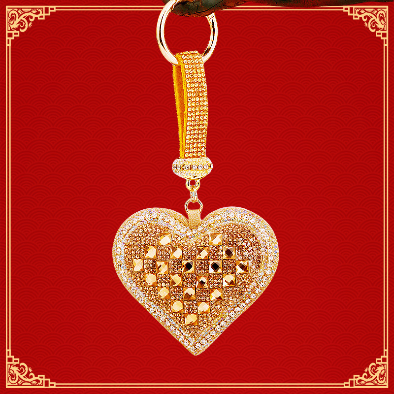 Full Diamond Peach Heart Car Keychain Metal Cute Women's Bag Pendant Key Chain Ring Heart-Shaped Ornament Gift
