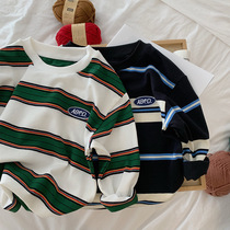 Korean version of childrens clothing 2024 spring and autumn childrens long-sleeved sweatshirts for boys and babies striped cotton loose tops T-shirts trendy