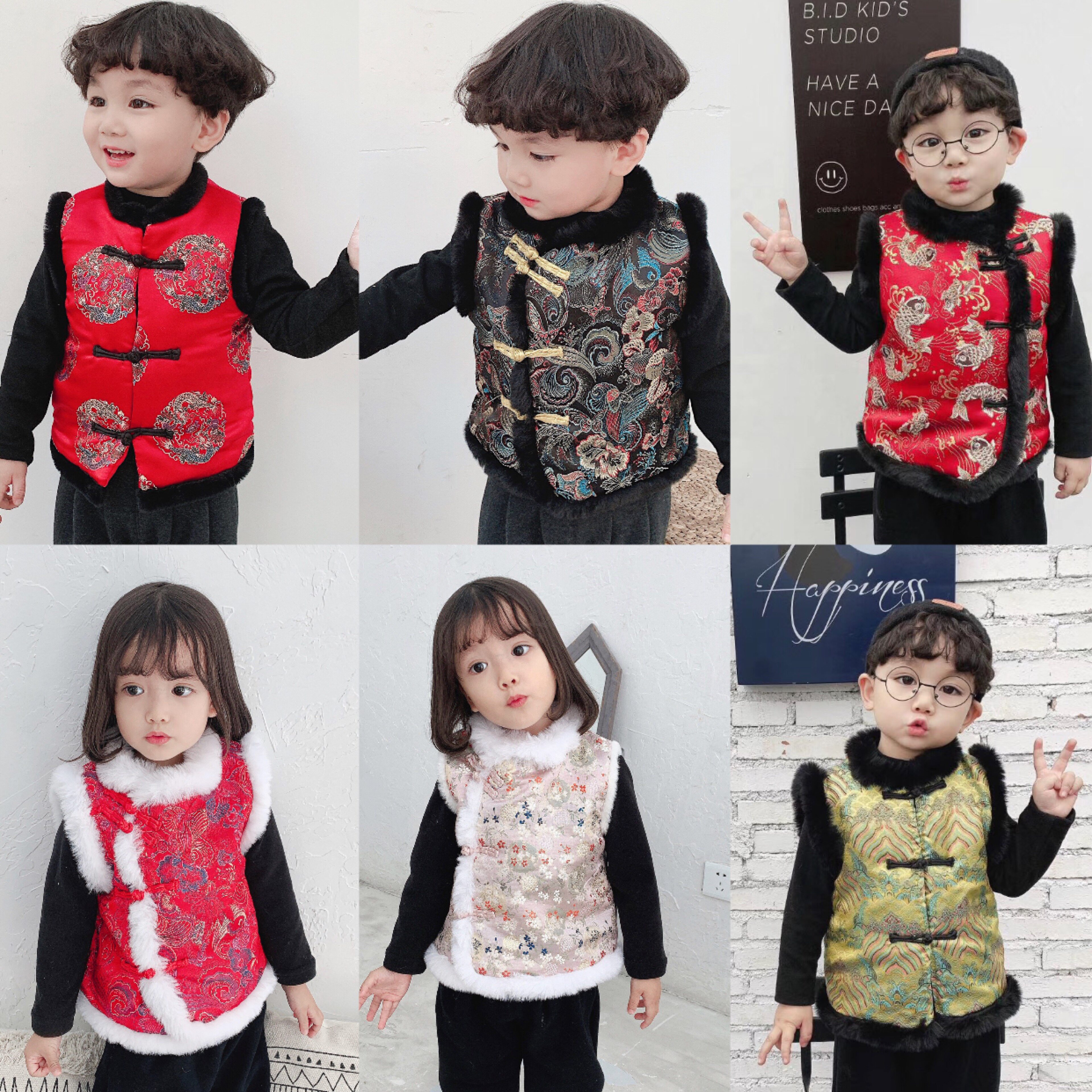 Boy thickened brocade cotton vest Winter girl gush imitation rabbit Mao Dang clothes waistcoat Chinese style children New Year's clothes