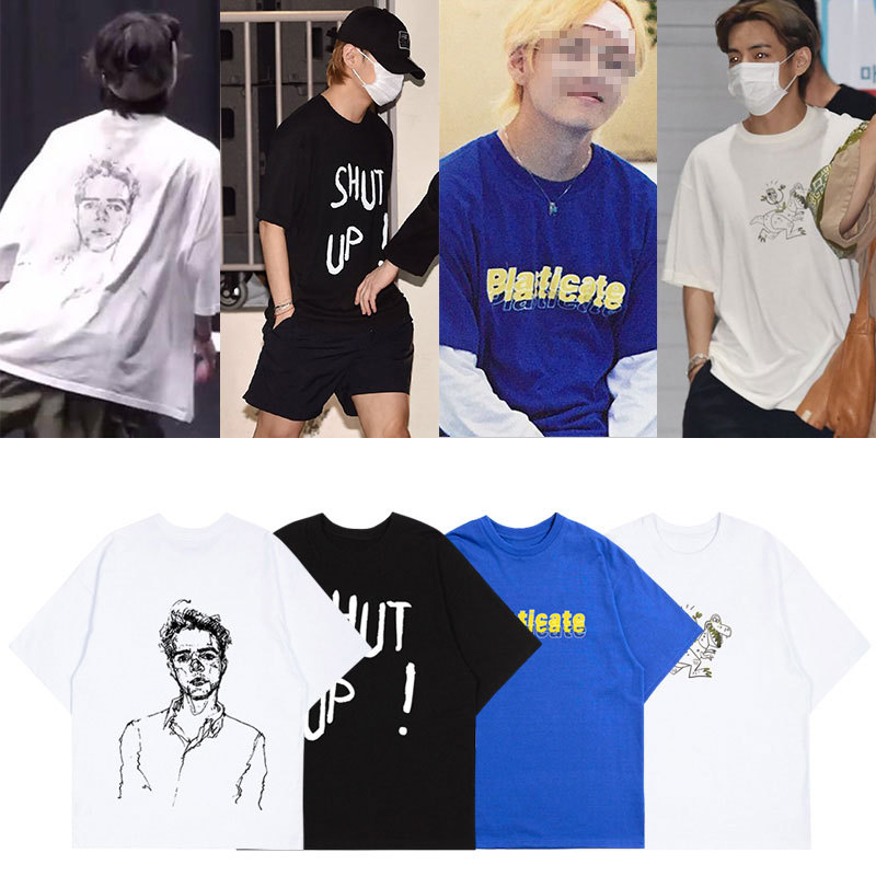 Bts V Kim Taehyung Street Style Dance Studio Practice Clothes Same Style T-Shirt Loose Print Pure Cotton Unisex Bts V Kim Taehyung Street Style Dance Studio Practice Clothes Same Style T-Shirt Loose Print Pure Cotton Unisex