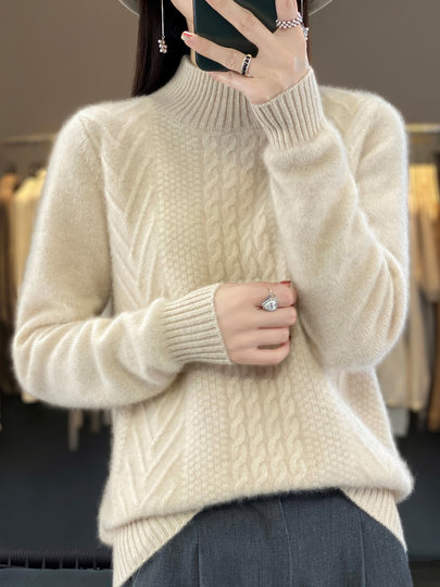 半高领羊毛衫女100%纯羊毛针织衫秋冬纯色扭花半高羊绒毛衣女加厚