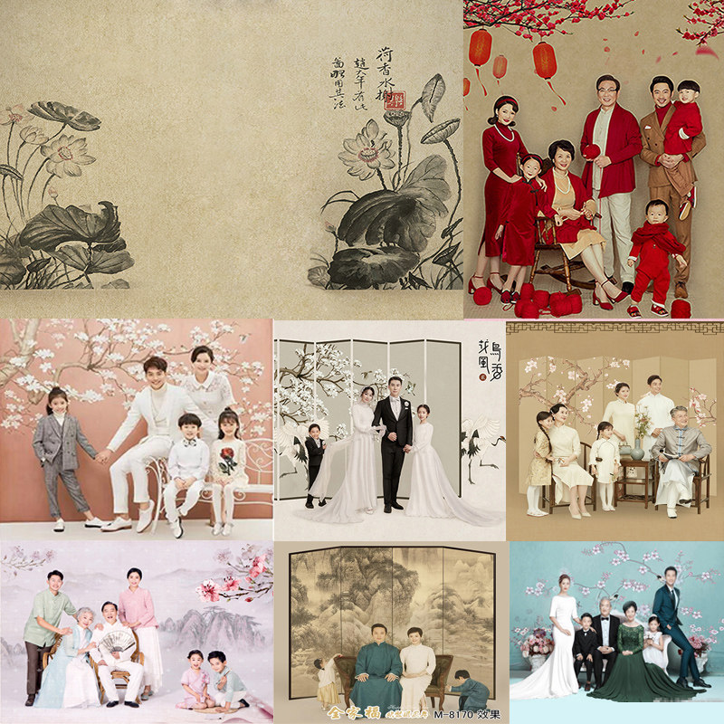 Full family Foophotography Background cloth Spring Festival China Wind retro ancient Republic of China Ancient Clothing Qipao Xi Qingquan Full Family Fu Background Paper