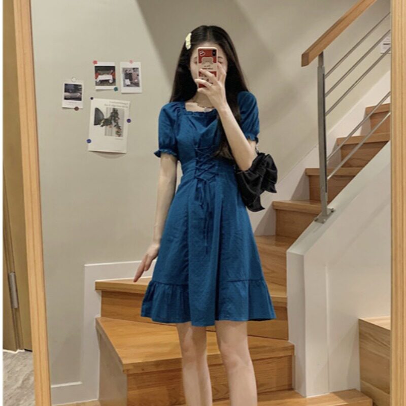 Blue Bubble Cuff Short Skirt Method Vintage Design Sense Strap Salt Tie to collect waist Princess Andromeda Wonder Woman dress