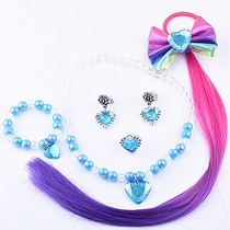 Childrens hair accessories necklace set Bow wig braid bracelet ring earrings Frozen Princess Accessories