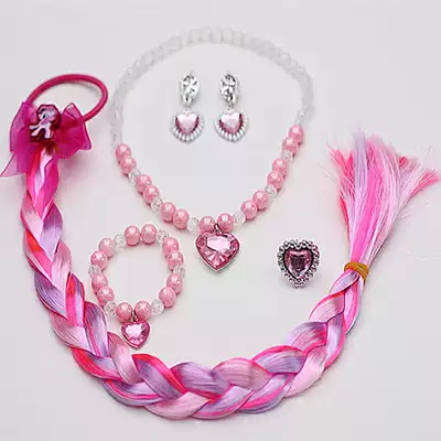 Children's pearl Necklace set Braids Bracelet Ring Earrings Girls Wig Headdress Pony Rainbow Pony Hair accessories