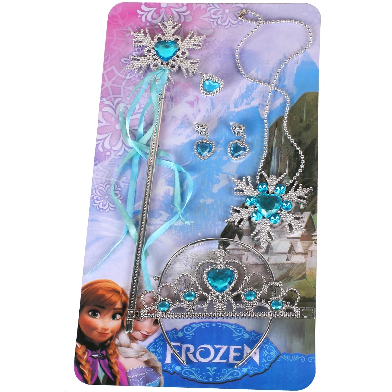 Frozen Princess Hair Jewelry Snowflake Magic Wand Crown Headband Girls Ear Clip Ring Girls Necklace Set