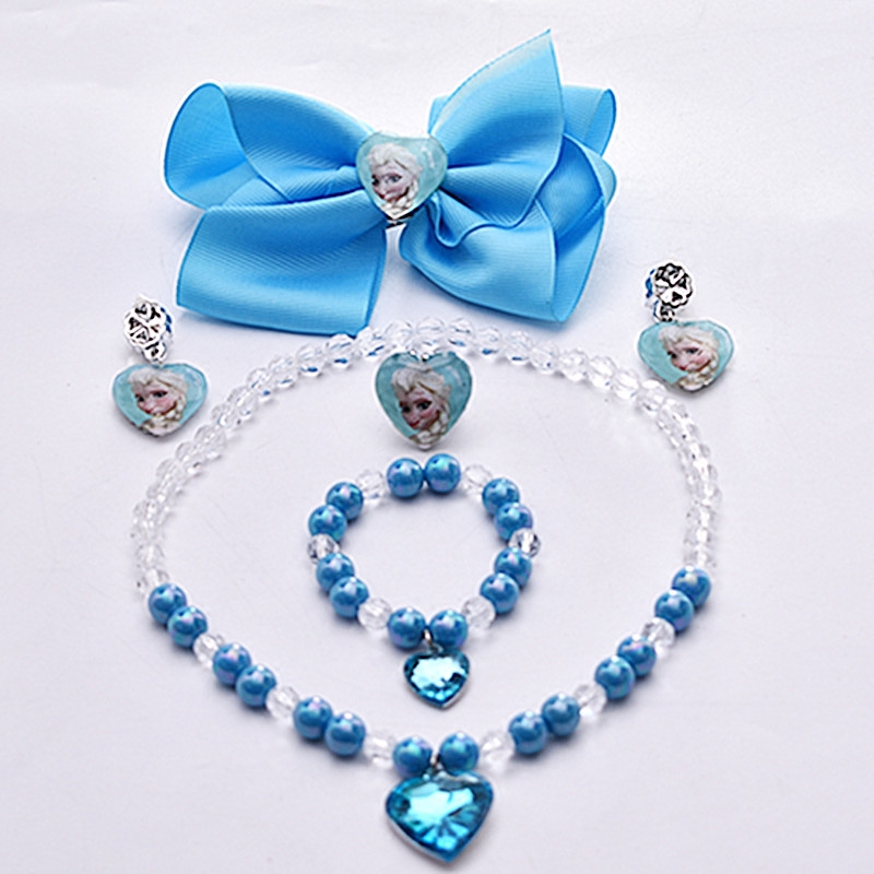 Little Princess Hair Accessories Necklace Set Frozen Hairpin Head Flower Hand Ring Earrings Girls Baby Head Jewelry