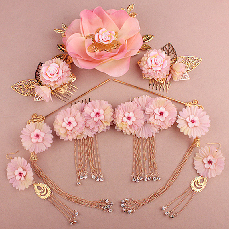 Children's costume headwear pink head flower hair comb hairpin hairpin earrings Tang Dynasty hair accessories Wu Meiniang