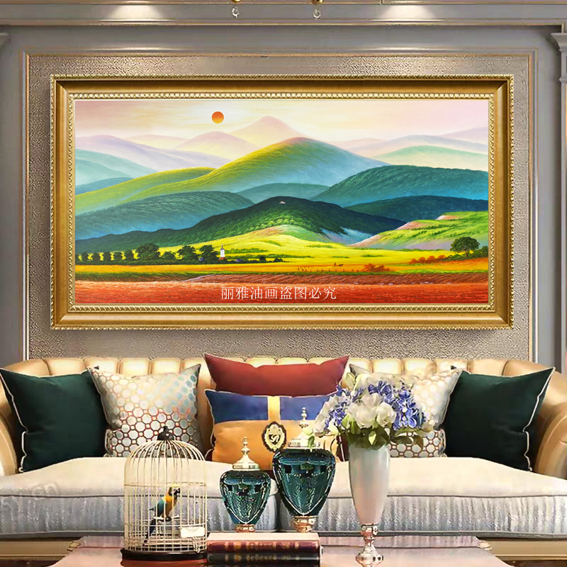 European-Style Living Room Sofa Background Wall Giant Mountain Decorative Painting Office Sunrise Hand-Painted Feng Shui Mountain Oil Painting