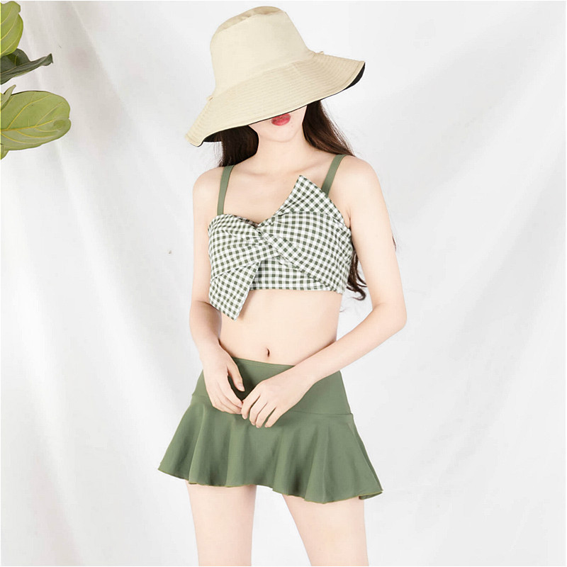 Grid control net red money 2021 new super-fairy bubble spa with slim and fragrant wind conservative student three sets of bathing suit women